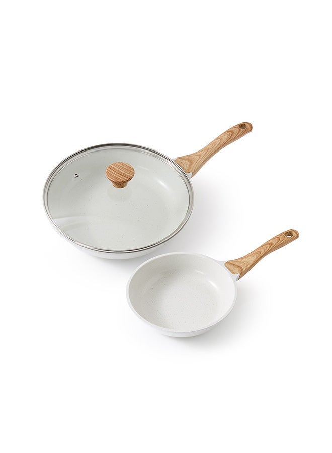 Sensarte 2 Piece Swiss Granite Skillet Set, 20 and 28 CM, Frying pan with Lid,  Non-stick, Oven Safe & Dishwasher Safe, Induction Compatible, PFOA PFOS Free - Cream - Image 1